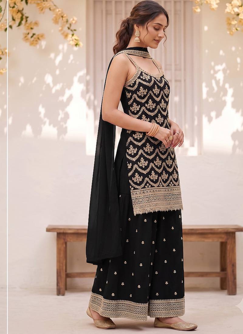 Black embroidered strappy kurti sharara set