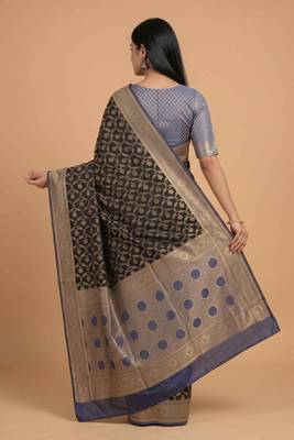 Black cotton silk banarasi  saree with floral zari jaal work 2