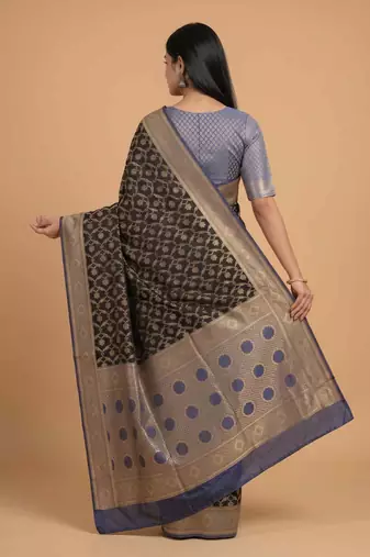 Black cotton silk banarasi  saree with floral zari jaal work