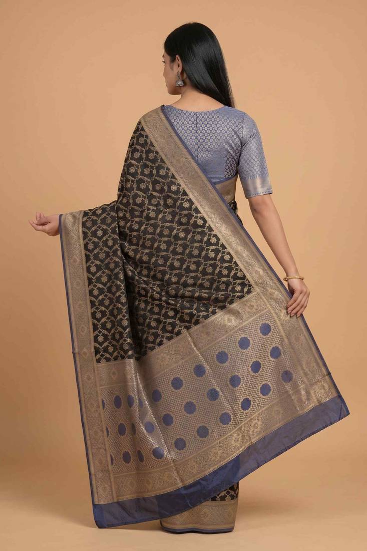 Black cotton silk banarasi  saree with floral zari jaal work