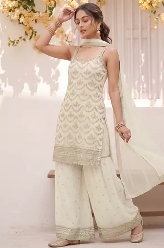 White embroidered strappy kurti sharara set