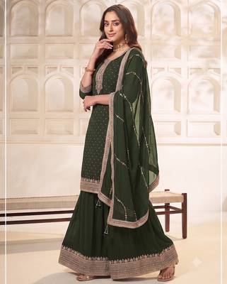 Mehendi  embroidered unstitched salwar suit material with heavy border dupatta 3