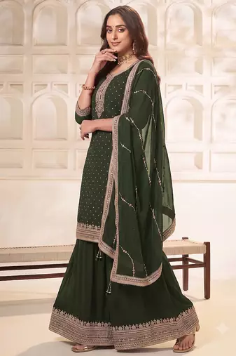 Mehendi  embroidered unstitched salwar suit material with heavy border dupatta