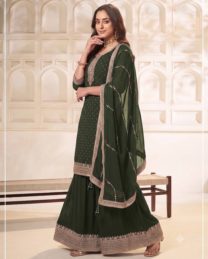 Mehendi  embroidered unstitched salwar suit material with heavy border dupatta