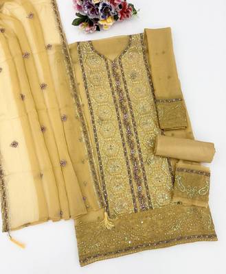 Elegant yellow fancy sequins embroidery dress material set 4