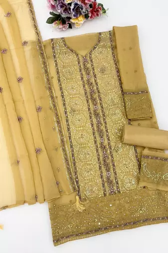 Elegant yellow fancy sequins embroidery dress material set
