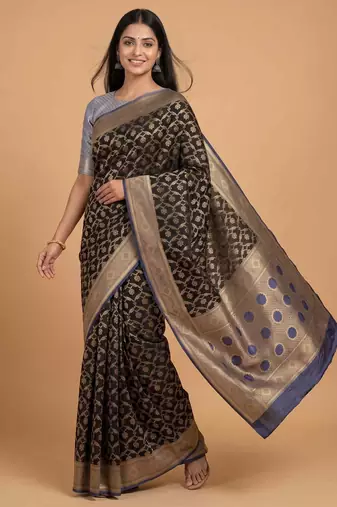 Black cotton silk banarasi  saree with floral zari jaal work