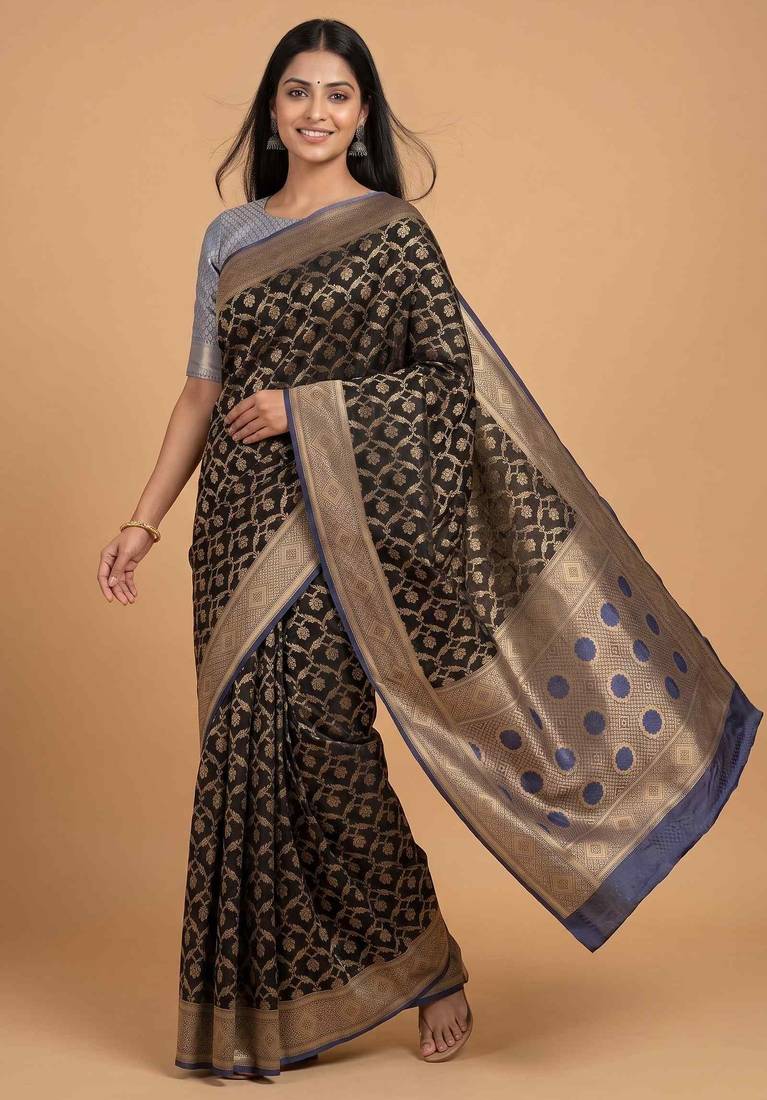 Black cotton silk banarasi  saree with floral zari jaal work