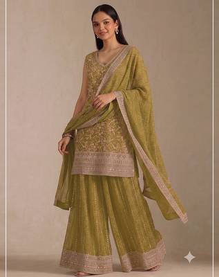 Olive green  faux georgette bandhani mirror work dress material set 3