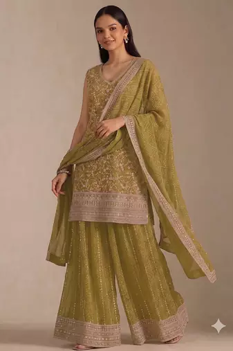 Olive green  faux georgette bandhani mirror work dress material set