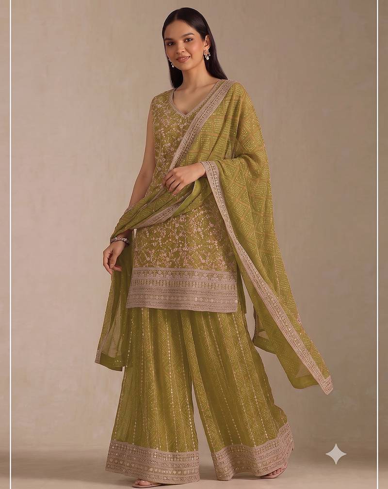 Olive green  faux georgette bandhani mirror work dress material set