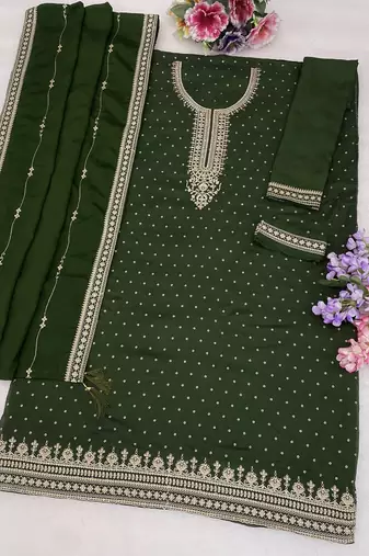 Mehendi  embroidered unstitched salwar suit material with heavy border dupatta