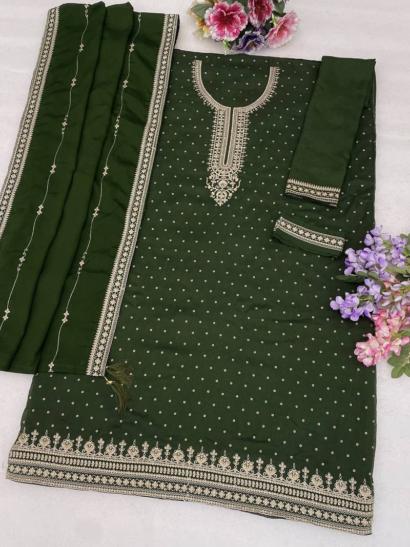Mehendi  embroidered unstitched salwar suit material with heavy border dupatta