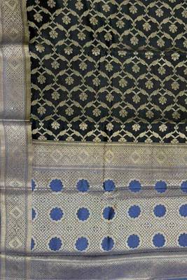 Black cotton silk banarasi  saree with floral zari jaal work 4