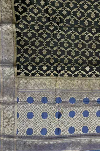 Black cotton silk banarasi  saree with floral zari jaal work