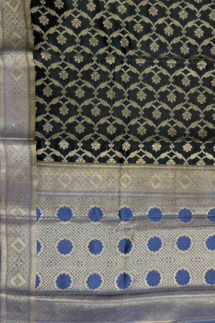 Black cotton silk banarasi  saree with floral zari jaal work