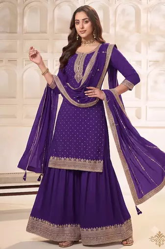Jambli purple embroidered unstitched salwar suit material with heavy border dupatta