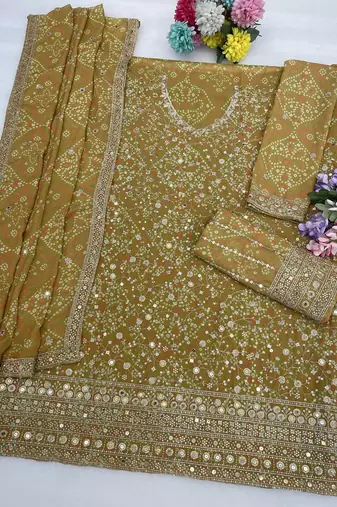 Olive green  faux georgette bandhani mirror work dress material set