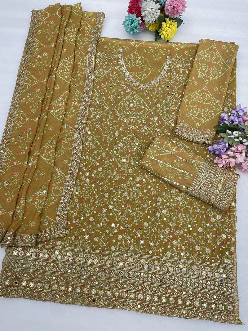 Olive green  faux georgette bandhani mirror work dress material set