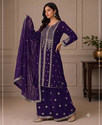 Jambli purple zari work straight kurta with bottom & scallop dupatta set 3