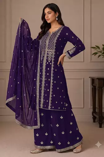 Jambli purple zari work straight kurta with bottom & scallop dupatta set