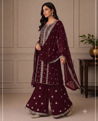 Maroon zari work straight kurta with bottom & scallop dupatta set 3