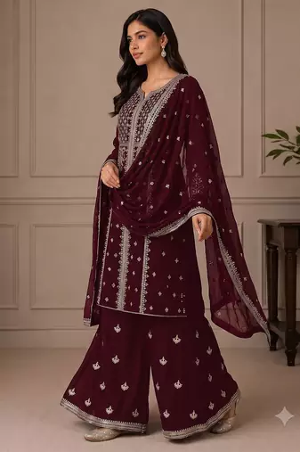 Maroon zari work straight kurta with bottom & scallop dupatta set