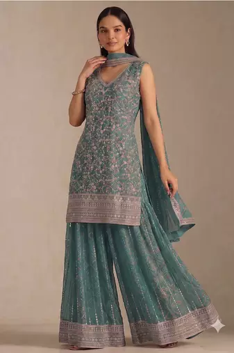 Teal georgette bandhani mirror work dress material set