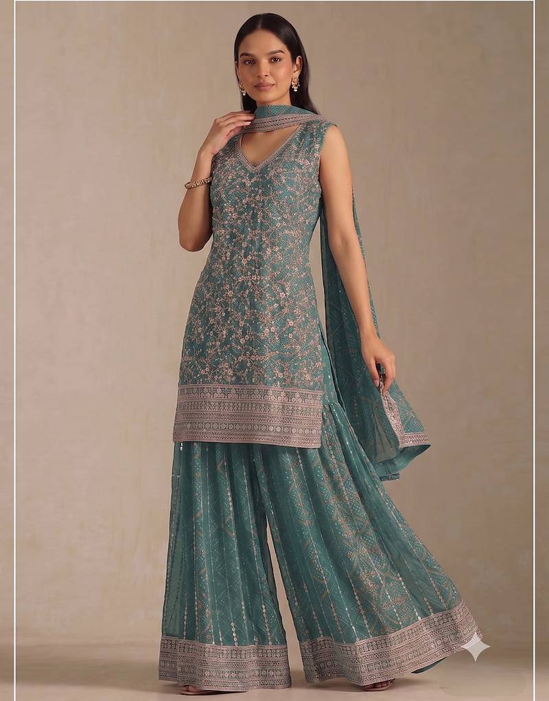 Teal georgette bandhani mirror work dress material set