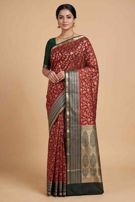 Red cotton silk banarasi  saree with floral zari jaal work 1