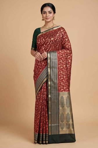Red cotton silk banarasi  saree with floral zari jaal work