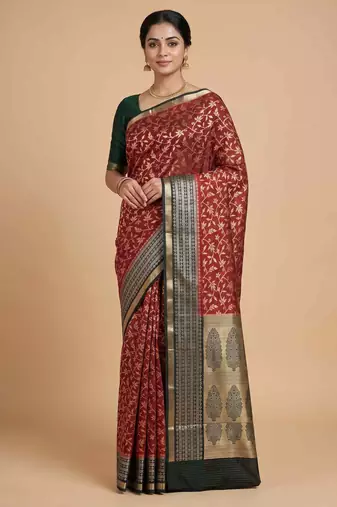 Red cotton silk banarasi  saree with floral zari jaal work