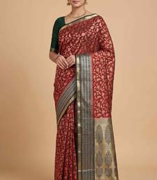 Red cotton silk banarasi  saree with floral zari jaal work