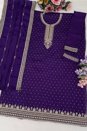Jambli purple embroidered unstitched salwar suit material with heavy border dupatta
