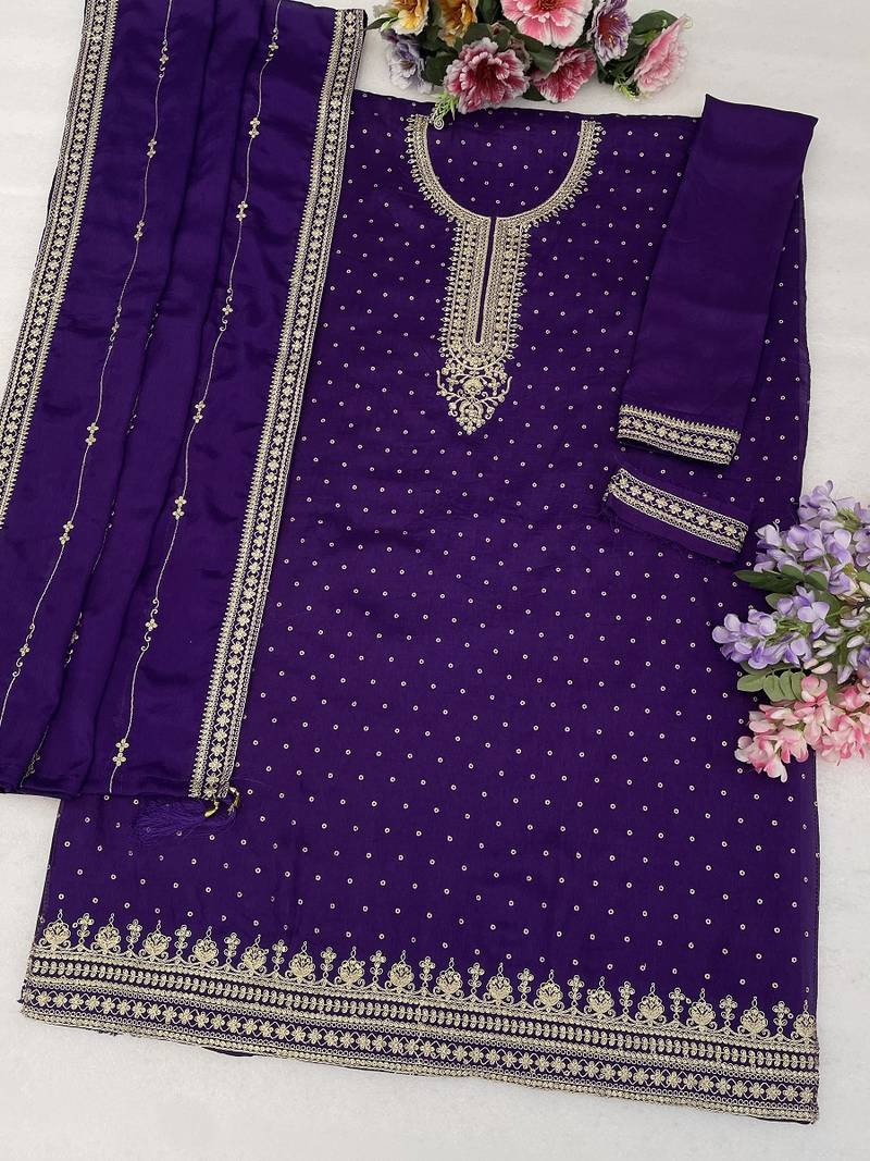 Jambli purple embroidered unstitched salwar suit material with heavy border dupatta