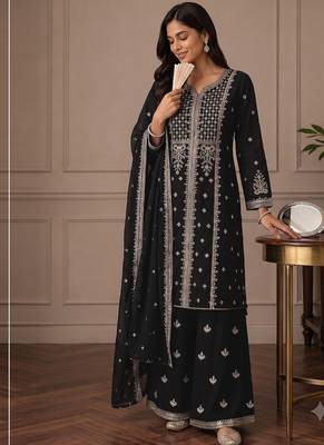 Balck zari work straight kurta with bottom & scallop dupatta set 3