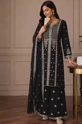 Balck zari work straight kurta with bottom & scallop dupatta set
