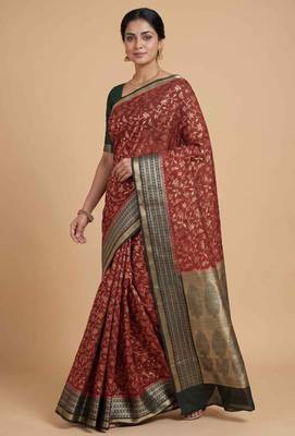 Red cotton silk banarasi  saree with floral zari jaal work 2