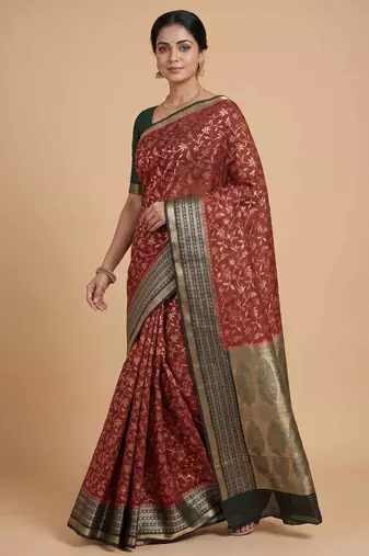 Red cotton silk banarasi  saree with floral zari jaal work