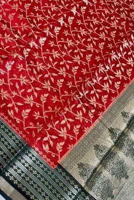 Red cotton silk banarasi  saree with floral zari jaal work 3