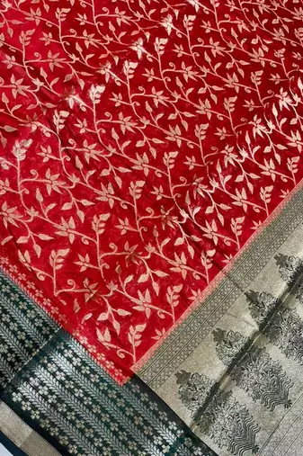Red cotton silk banarasi  saree with floral zari jaal work