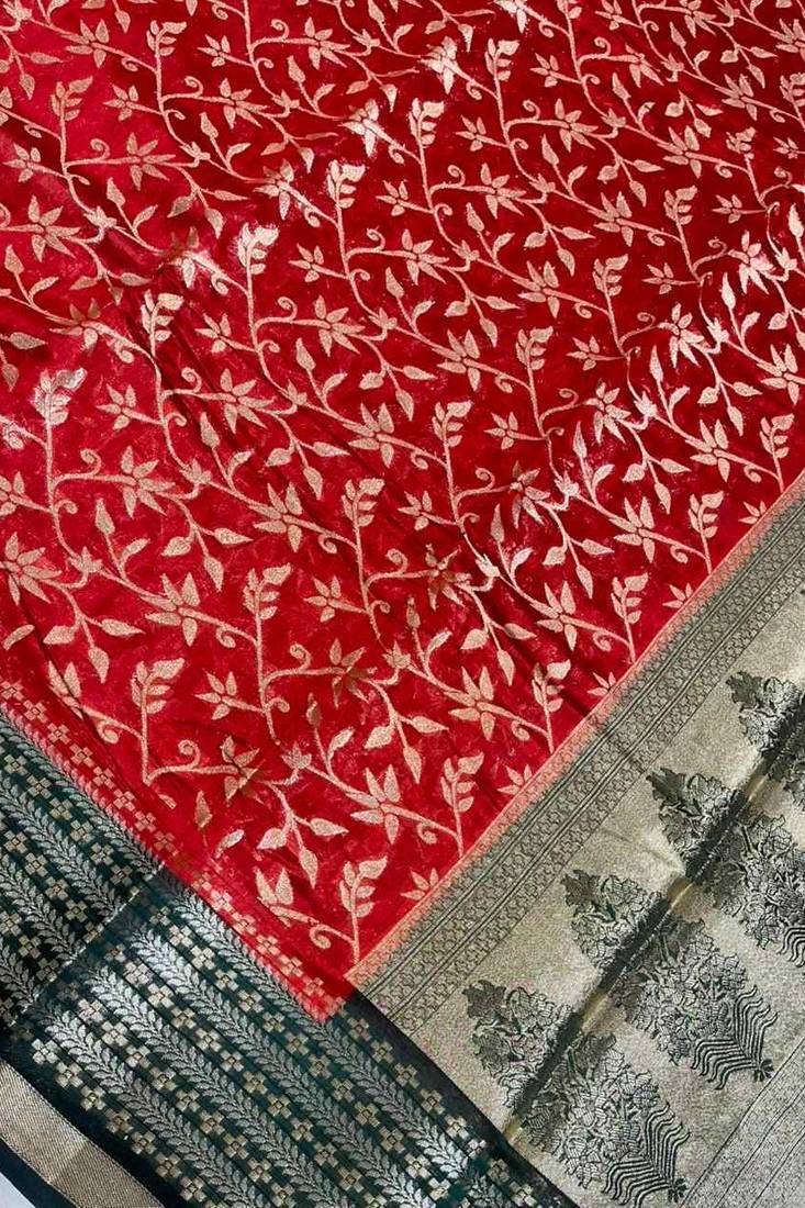 Red cotton silk banarasi  saree with floral zari jaal work