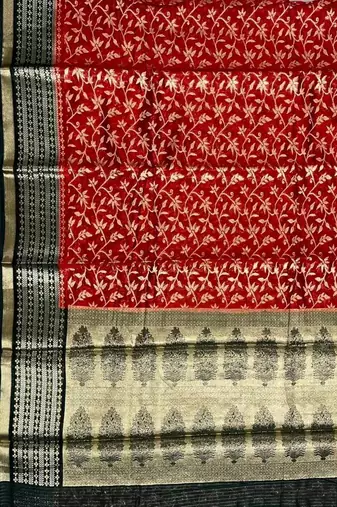 Red cotton silk banarasi  saree with floral zari jaal work