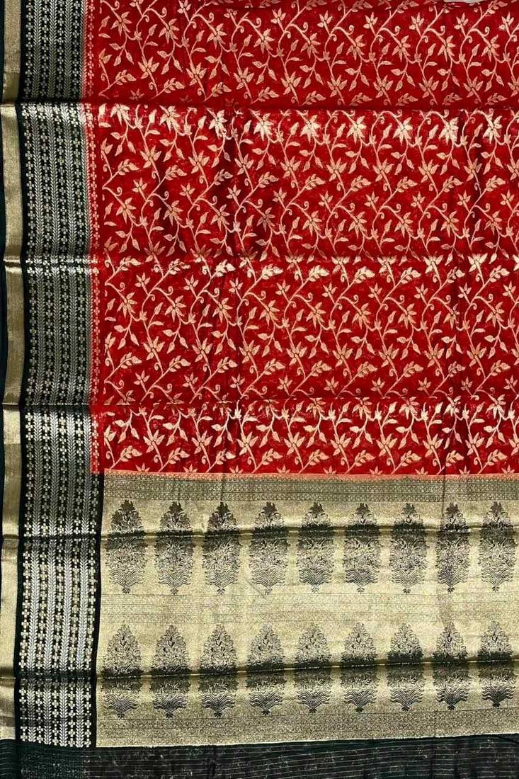 Red cotton silk banarasi  saree with floral zari jaal work