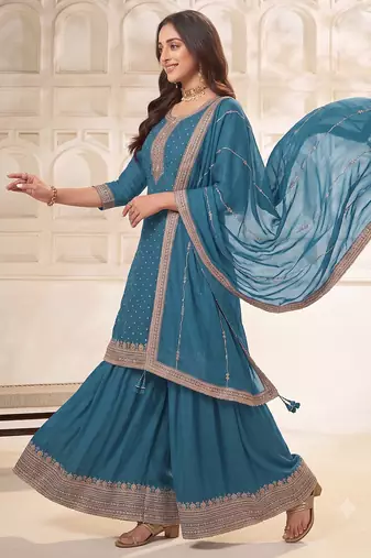 Blue embroidered unstitched salwar suit material with heavy border dupatta