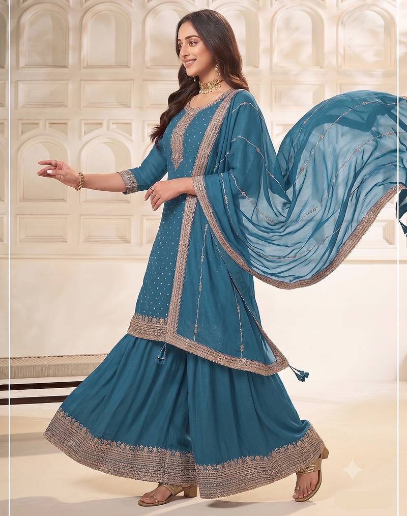 Blue embroidered unstitched salwar suit material with heavy border dupatta