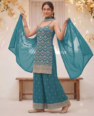Teal embroidered strappy kurti sharara set 3