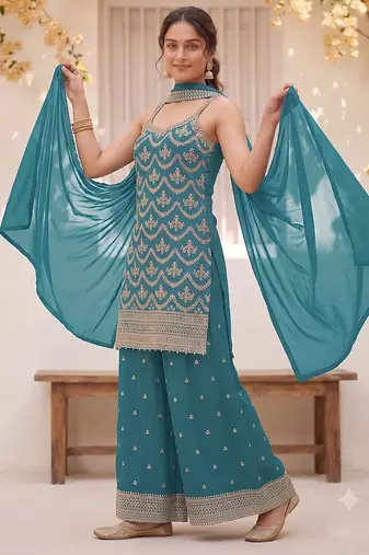 Teal embroidered strappy kurti sharara set