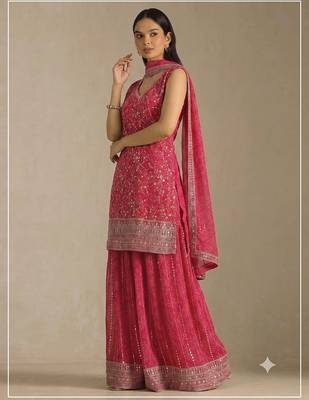 Pink georgette bandhani mirror work dress material set 2