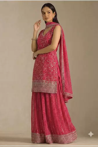 Pink georgette bandhani mirror work dress material set